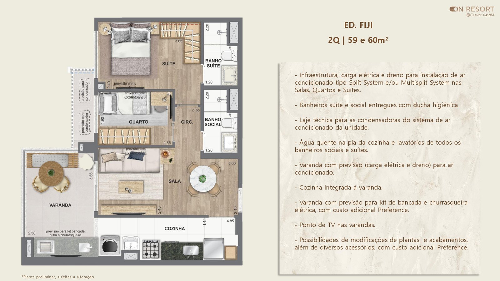 2 quartos · Ed. Fiji — 59 e 60 m²