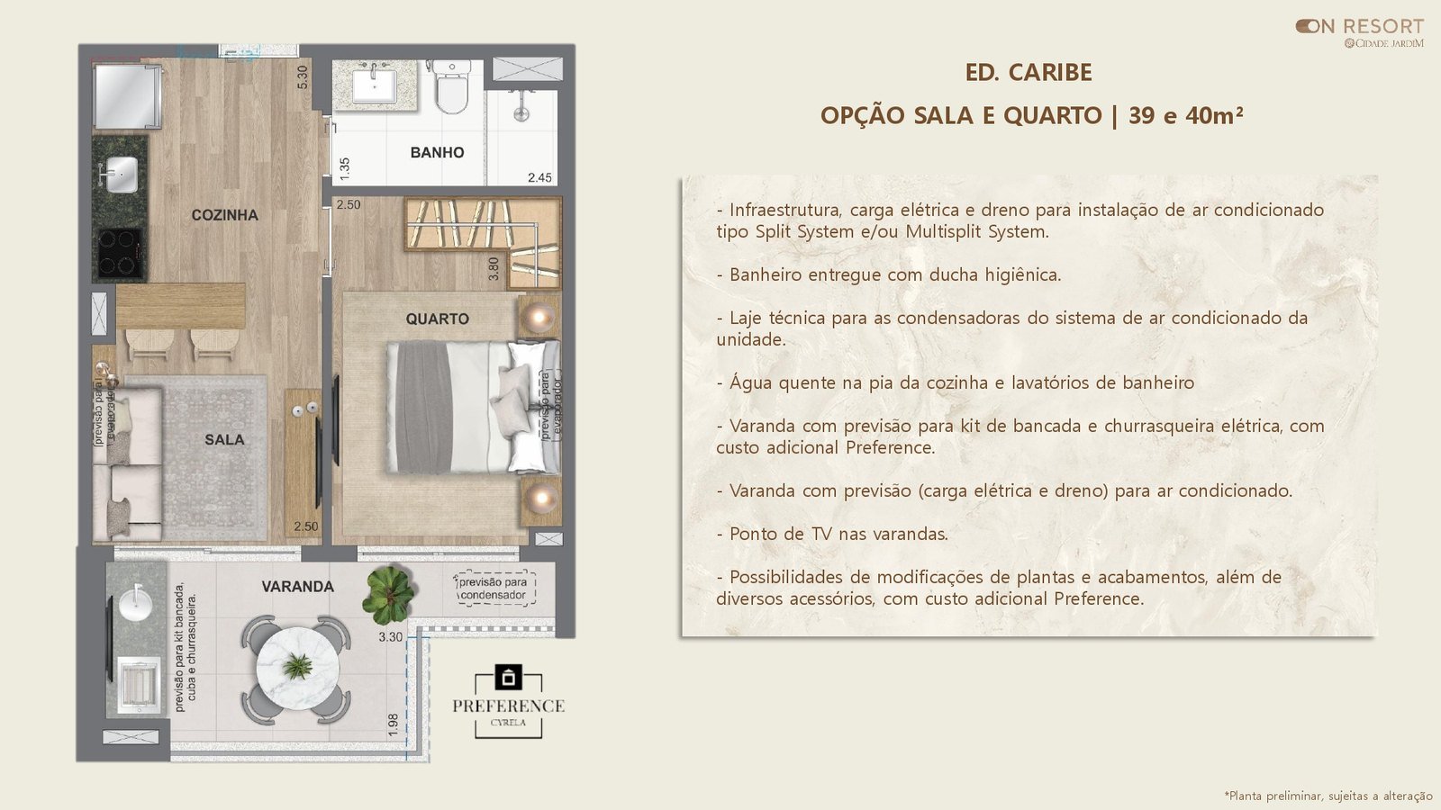 Ed. Caribe — opção sala e quarto, 39 e 40 m²