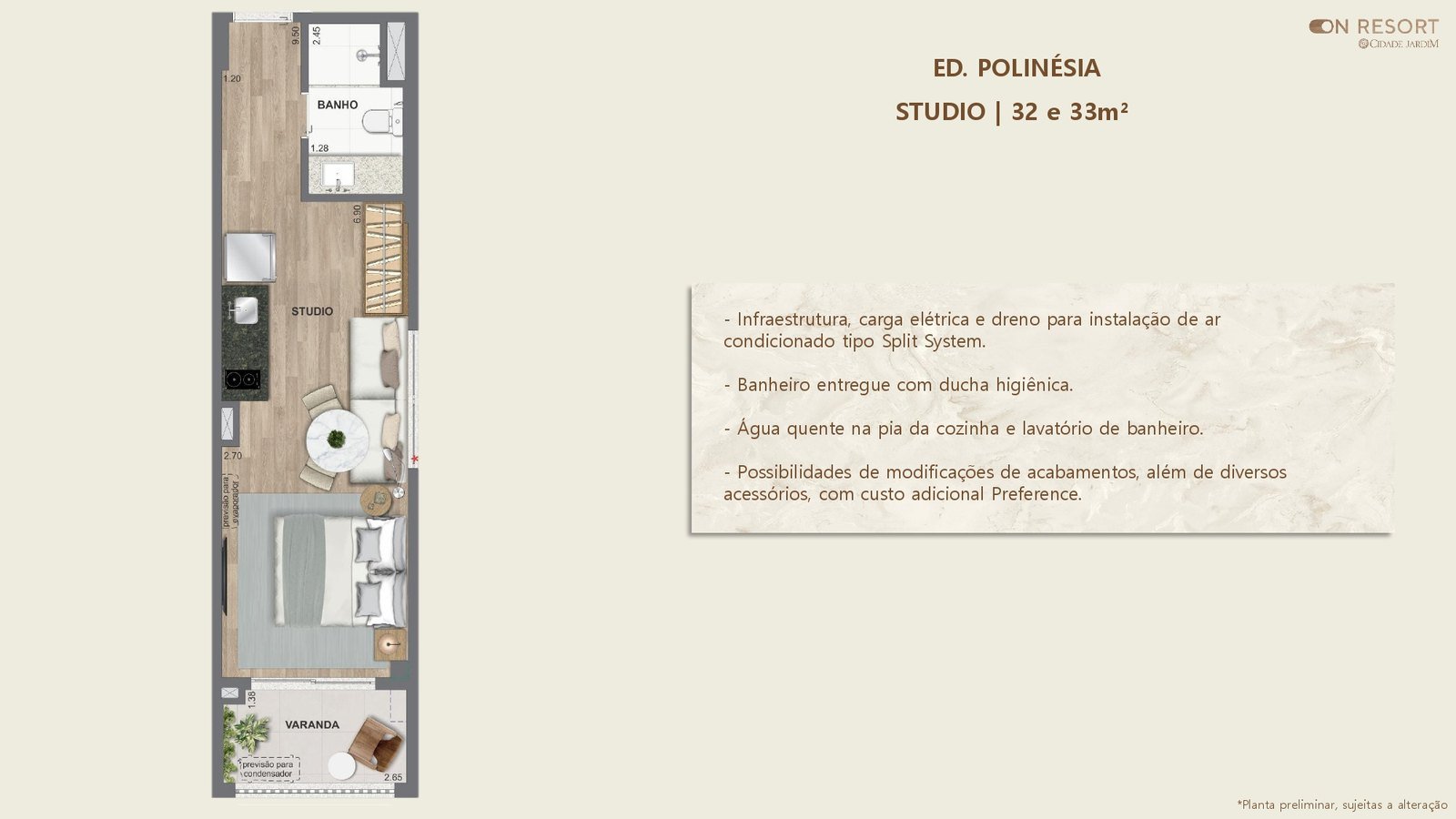 Studio · Ed. Polinésia — 32 e 33 m²